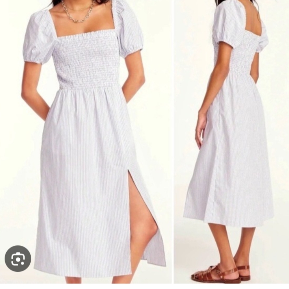 J. Crew White with Light Blue Pinstripe Midi Dress
